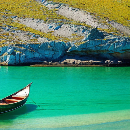 An image depicting a weathered fishing boat anchored in calm turquoise waters