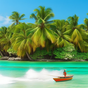 A vibrant image of a sleek fishing boat gliding through crystal-clear turquoise waters, surrounded by lush tropical islands with towering palm trees, showcasing the allure of navigating the Caribbean's finest fishing spots