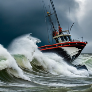 An image that captures the resilience of a fishing boat captain as he battles against towering waves, his face determined, hands tightly gripping the wheel, a stormy sky looming in the background