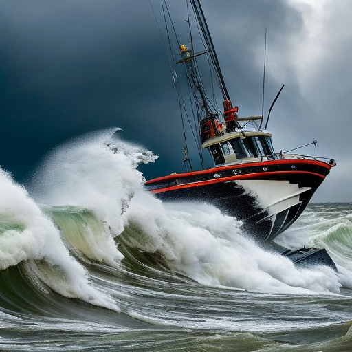 An image that captures the resilience of a fishing boat captain as he battles against towering waves, his face determined, hands tightly gripping the wheel, a stormy sky looming in the background